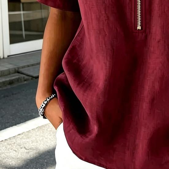 Damen Oberteile Revers Reißverschluss Halbe Knopfleiste Kurzarm Pullover Oberteile Normale Passform Einfarbige Freizeitbluse Partys Urlaube Tägliche Kleidung