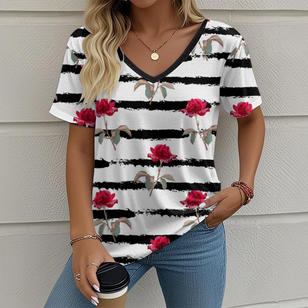 Women's T-Shirt Stripes And Floral Graphics Retro Fashion Classic Casual Short-Sleeved Oversized V-Neck Summer Women's Clothing