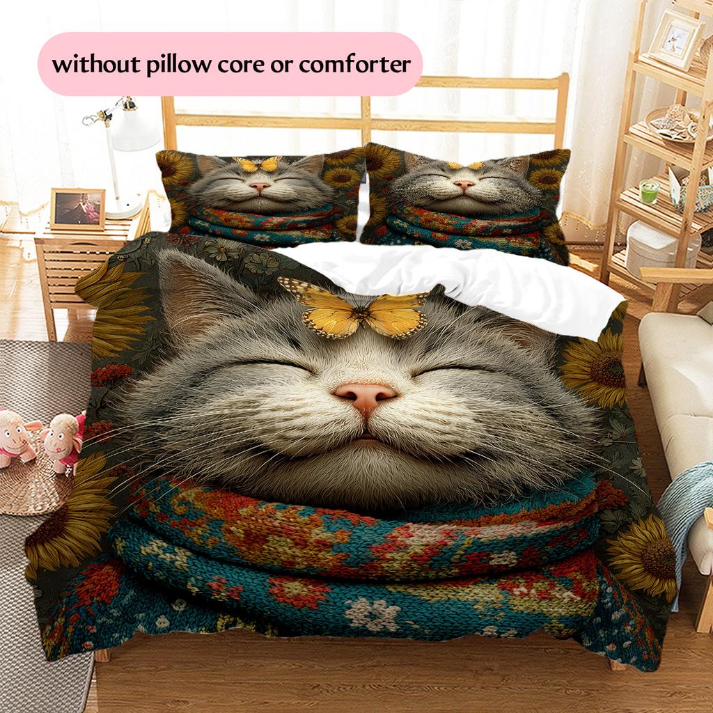 Tabby Cat Pattern Bedding Quilt Set Quilt Cover Pillowcase Home Decoration Gift (1 * Duvet Cover + 2 * Pillowcase, Without Core)