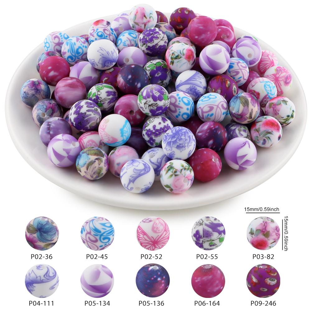 20Pcs/Bag 15MM Printed Silicone Beads Mixed For DIY Jewelry, Bracelets, Keychains, Etc