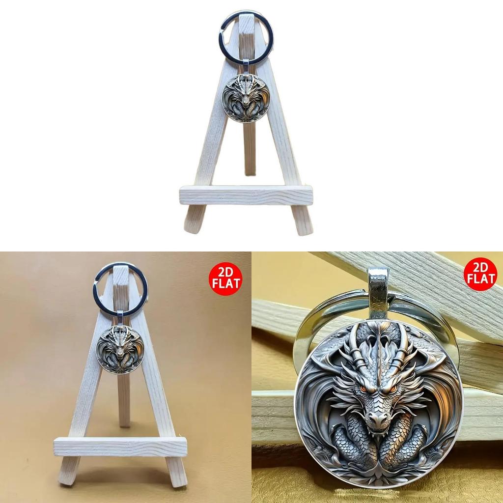 Silver Dragon Head Keyring Alloy Circular Souvenir For Special Occasions And Gifts