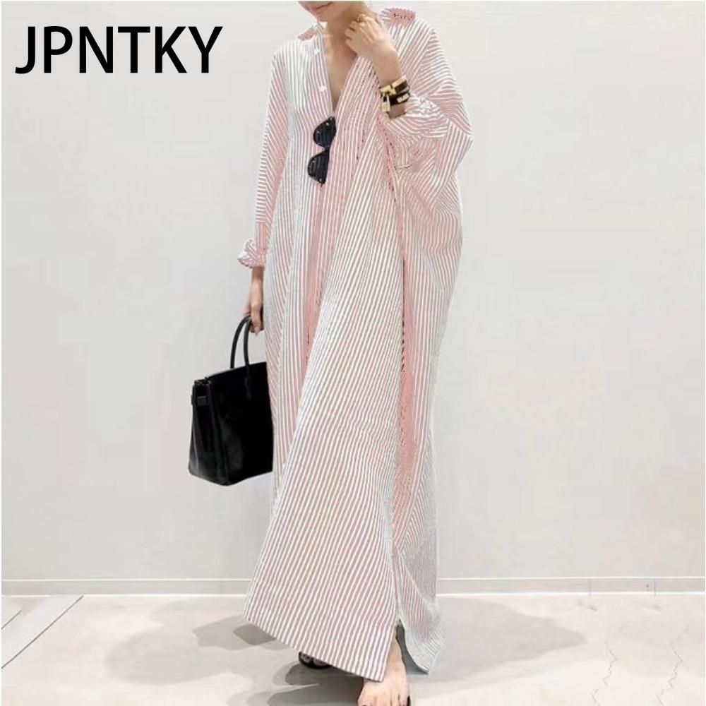 

JPNTKY Корейский стиль Женское длинное рукава на пуговицах Полосатая повседневная макси-рубашка платье XXXXXL розовый