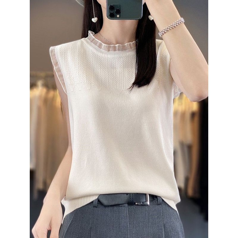 

Plus Size Plus size Lace Stitching Cami Women Summer New Loose Waistcoat Sleeveless Ice Silk Knit Off-White XL