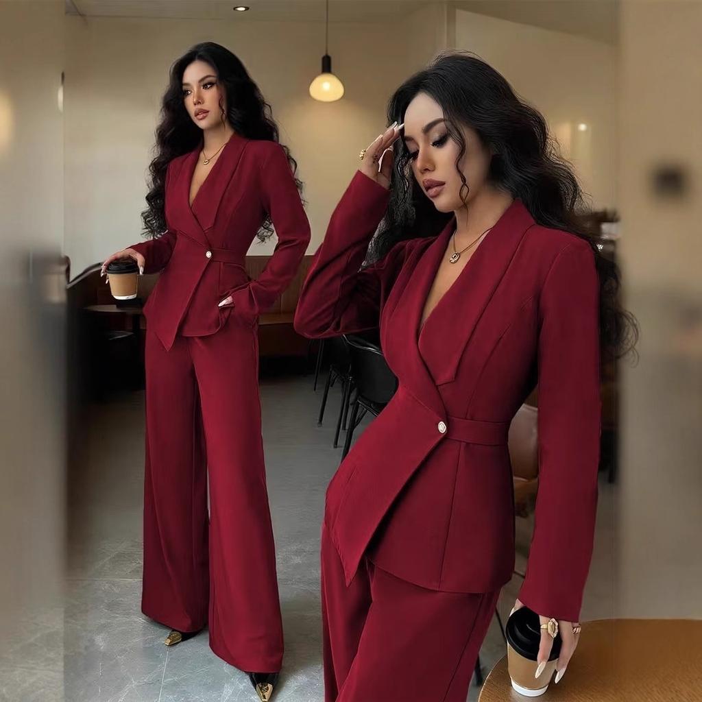Spring and Autumn Fashion Temperament Casual Suit Women's Solid Color V-Neck Suit Wide Leg Pants Two-piece Set