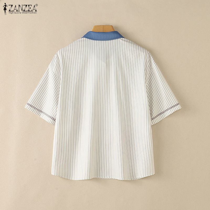 ZANZEA Women Casual Turn Down Collar Loose Short Sleeve Funny Print Stripe Blouse