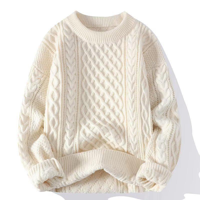 Men's Winter Cable Knit Sweater: Casual, Solid Color, Light Mature Style, Round Neck Pullover.
