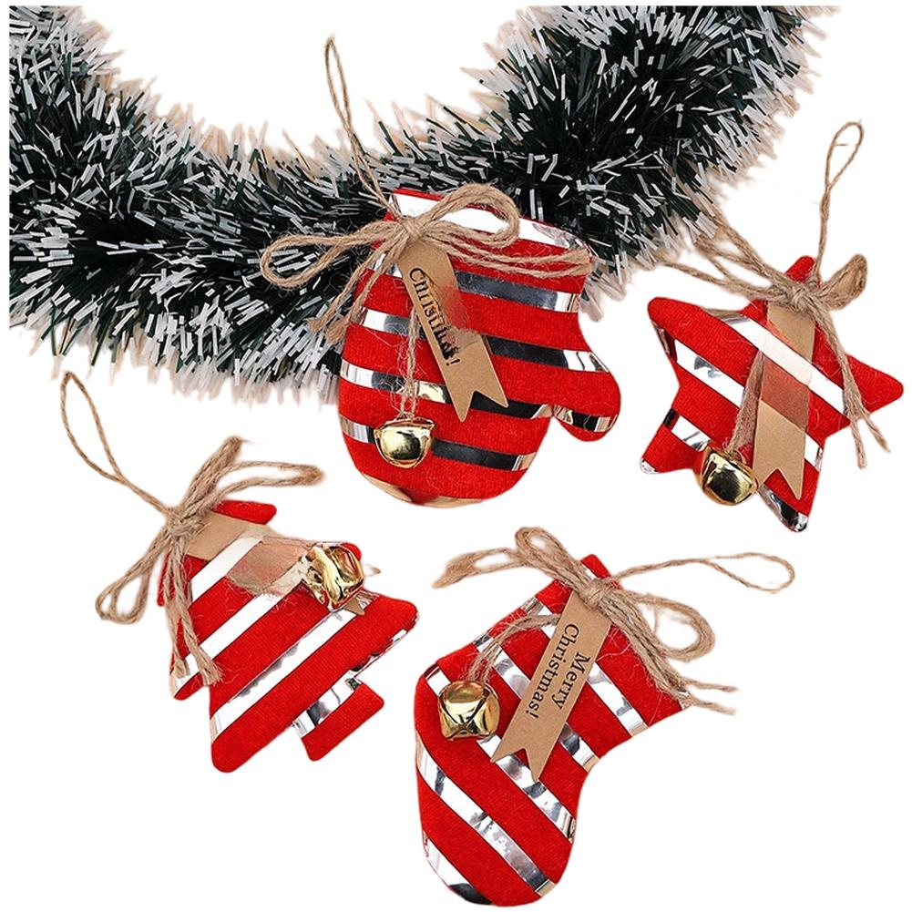 Christmas Tree Ornaments Fabric Hanging Set of 4 for Door Car Home Holiday Decoration with Striped and Shaped Detailed Patterns