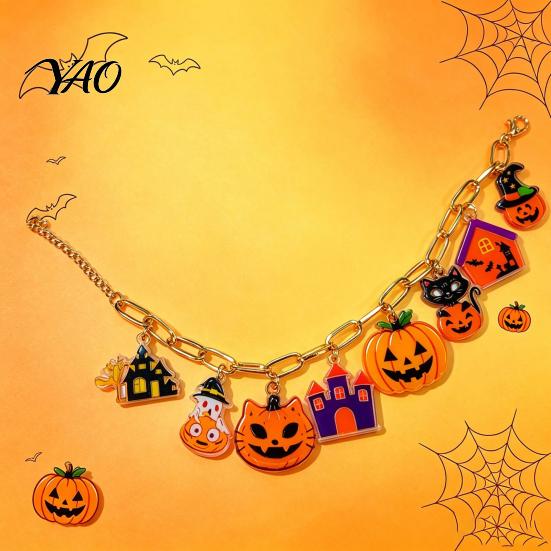 Halloween Charm Bracelet Bracelets for Women, Cute Spooky Pumpkin Cat Ghost Castle Pendant Acrylic Wrist Jewelry Bracelet, Adjustable Metal Drop Hand