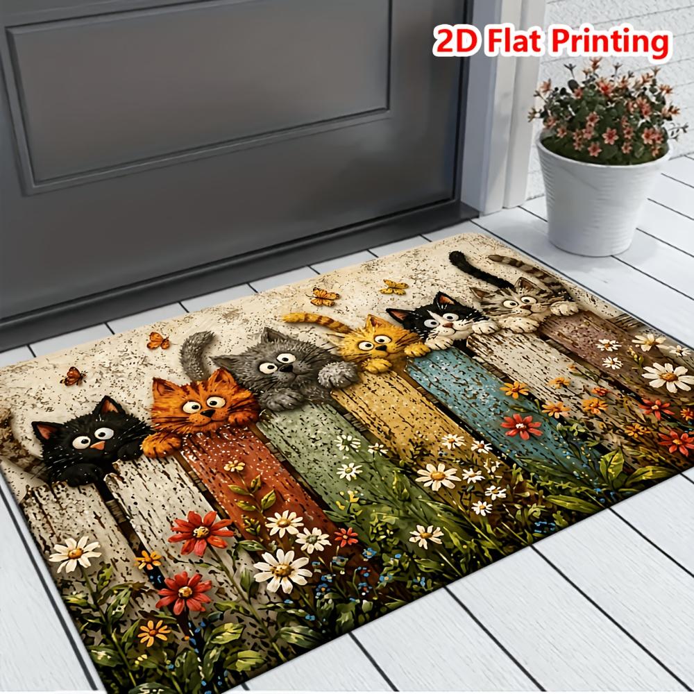 2D Flat Cute Cat Printed Faux Cashmere Bath Mat Absorbent Entrance Door Mat Non Slip Bathroom Rug