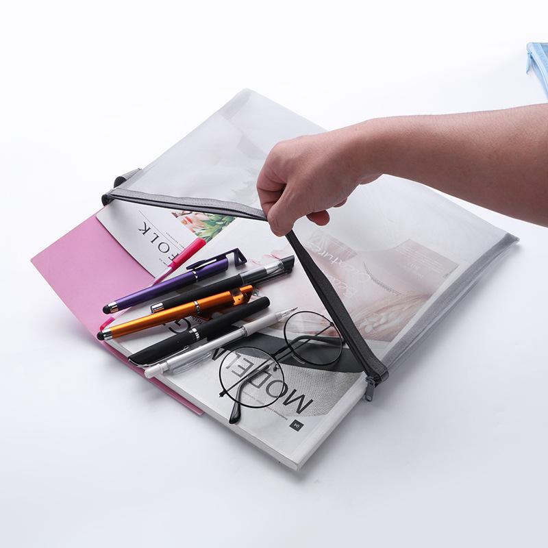 A4 Simple Transparent Mesh Document Bag Information Storage Student Examination Mesh Zipper Bag Stationery File Folders