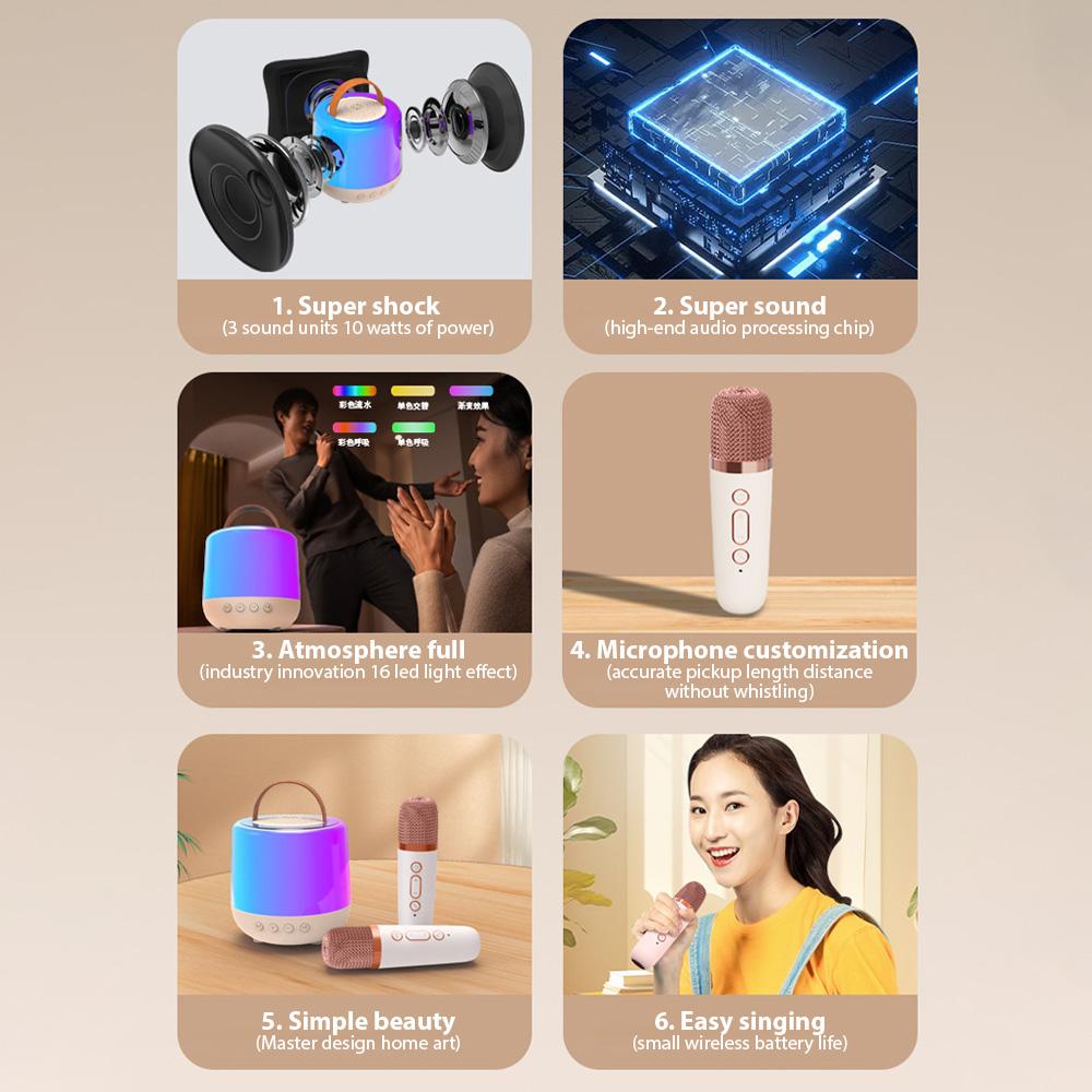 Karaokemaskin Mini trådløs mikrofon og høyttalersett med 2 mikrofoner Home KTV Sett LED farge