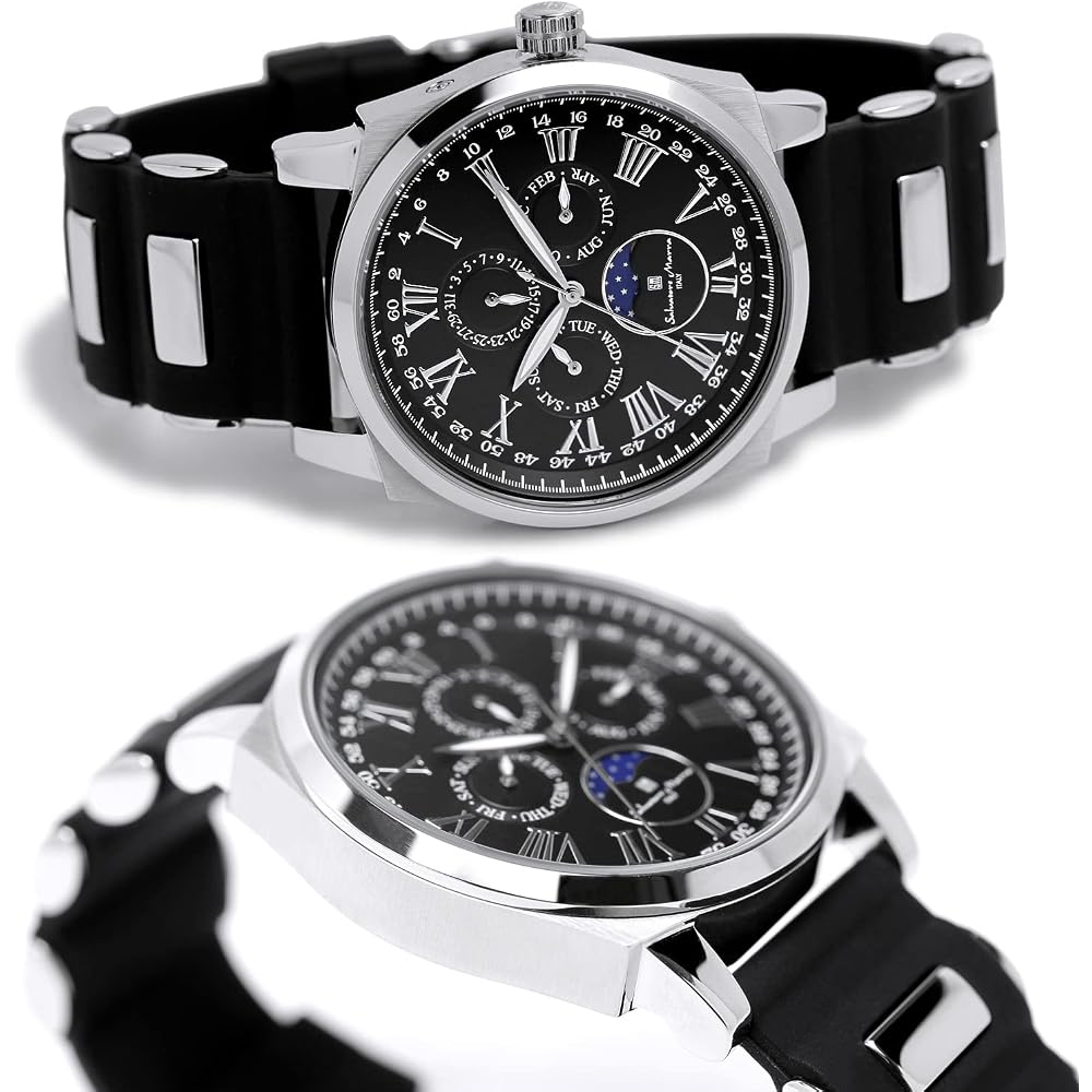Salvatore Marra Moon Phase Multi-Calendar Men's Watch 5 ATM Water Resistant Rubber Strap Black Silver SM22105R-SSBK