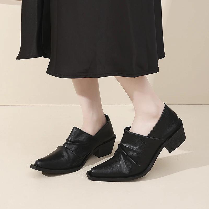 

Deep Mouth French High Heels Women 2025 New Autumn Retro Small Leather Shoes Block Heel Single Shoes 42 чёрный