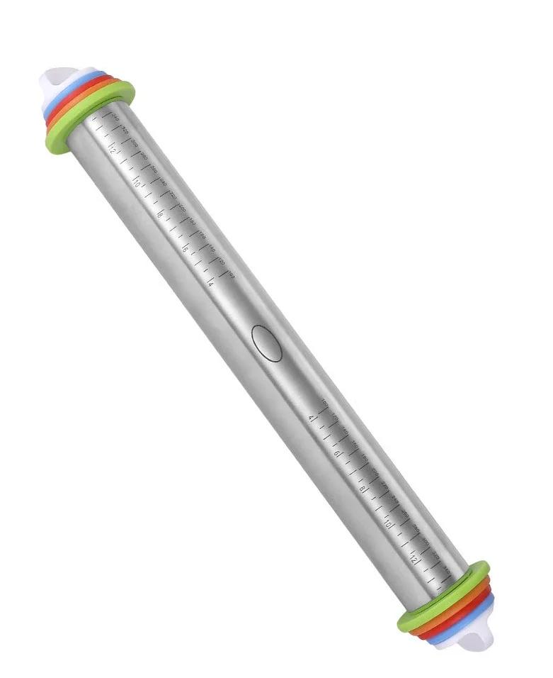 Rolling Pin and Silicone Baking Pastry Mat,Stainless Steel Dough Roller,Rolling Pins with Adjustable Thickness Rings, for Baking