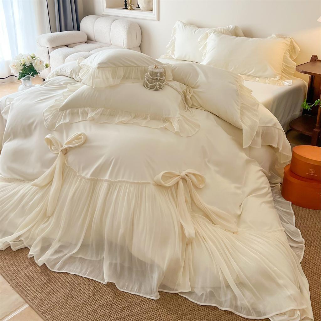 Premium Sense Super Fairy French Princess Style 100 Skin-Friendly Cotton Bed Cover Four-Piece Girl Heart Lace Bed Quilt Cover