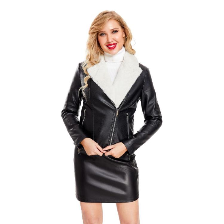 Women Fashion Slim Fit Pu Leather Jacket Long Sleeve Lapel Collar Zipper Fall Winter Coat