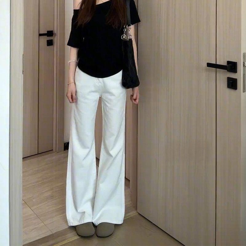 Black Tencel Skinny Denim Women s Summer Thin Fat Sister mm Slim Looking High Waist Elastic Ice Silk Flared Pants White Denim, Regular Fit L