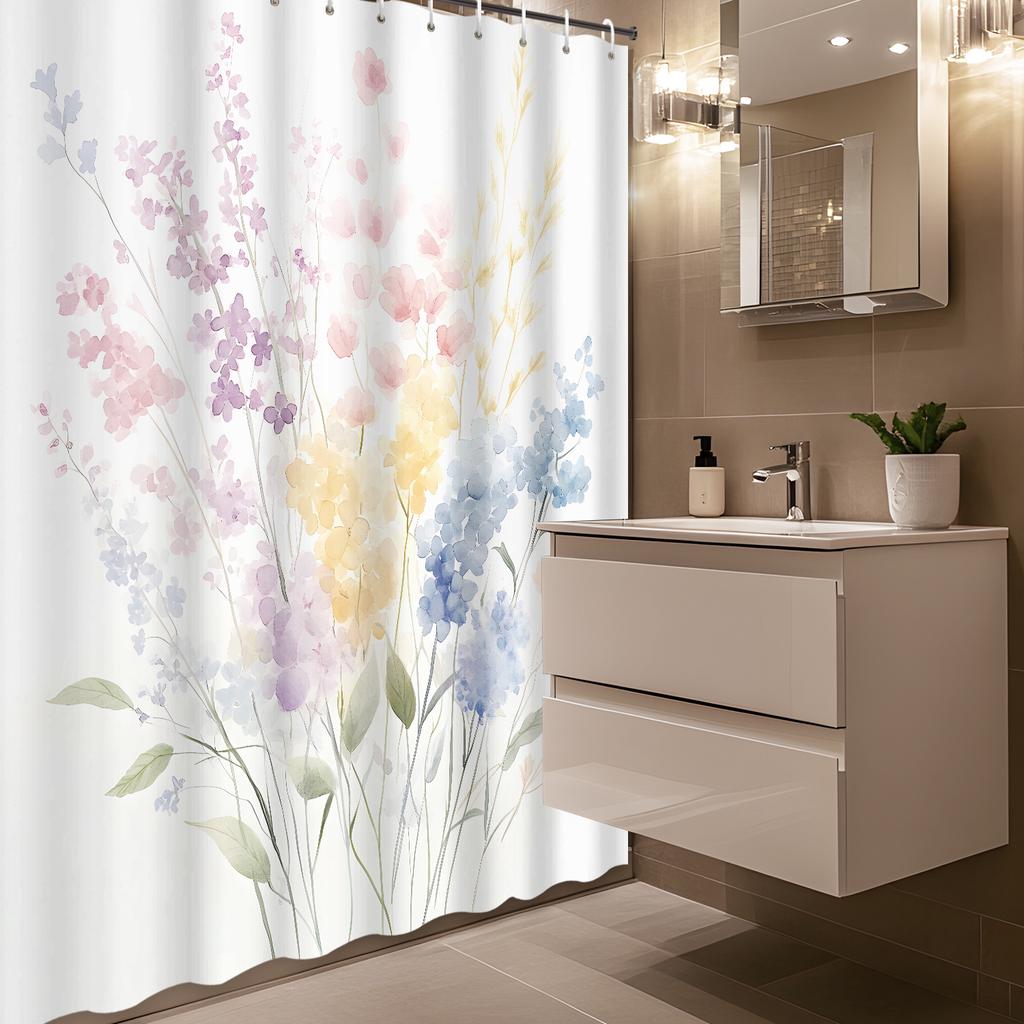 1pc Spring Floral Shower Curtain - Water-Resistant Polyester, Machine Washable, Artistic Theme, 12 Hooks, Grommet Top