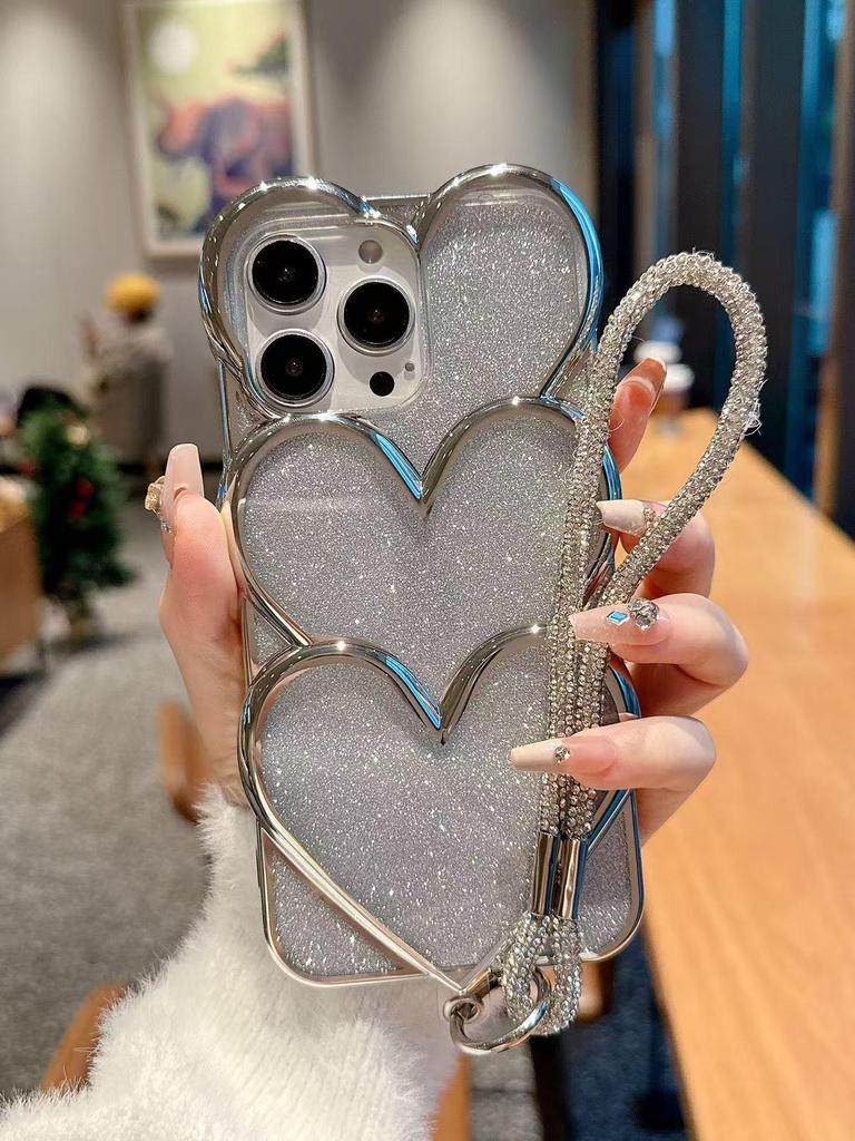 Silber galvanisierte Liebesherz-Ketten-Handyhülle für iPhone 13 Pro Max & 11