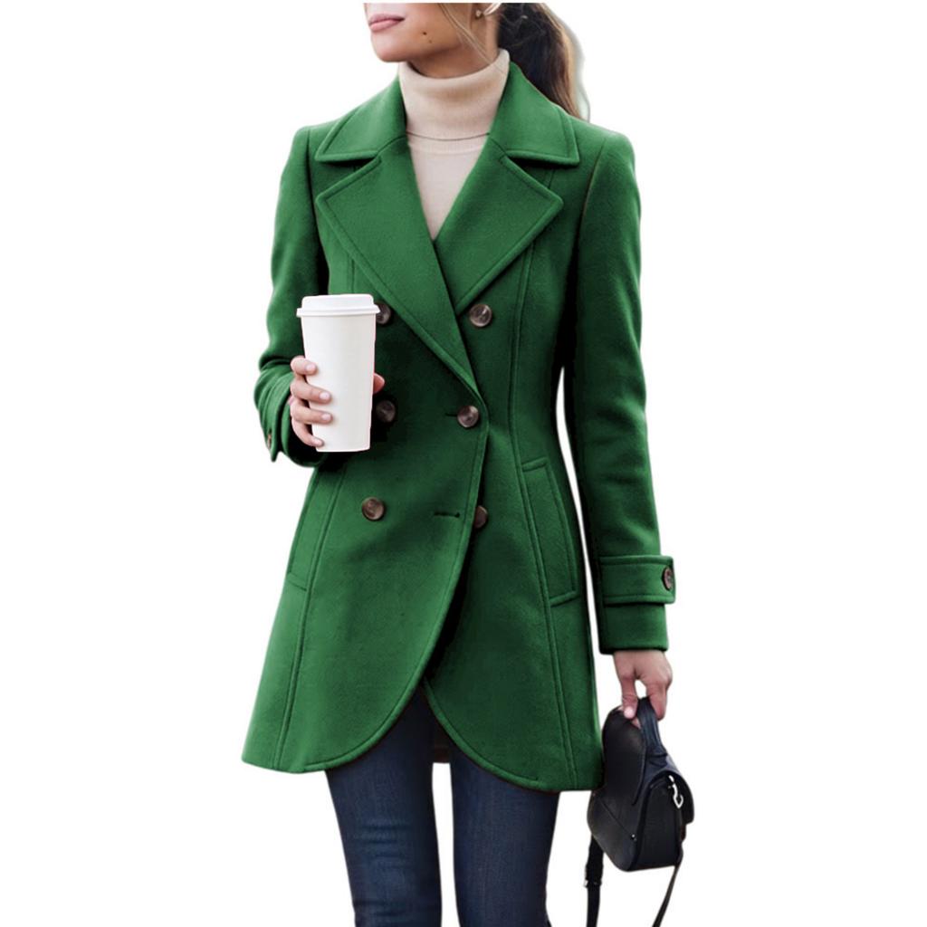 Dames Dubbelrijige Lange Wolle Overjas Losse Pasvorm voor Casual Dagelijkse Winterkleding