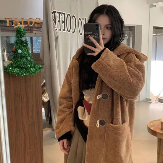 Wintermantel für Damen mit Kapuze, dickes Fleece, reine Farbe, Hornknopfverschluss, lange Ärmel, mittellang, kältebeständige Oberbekleidung, Schul-Outdoorjacke