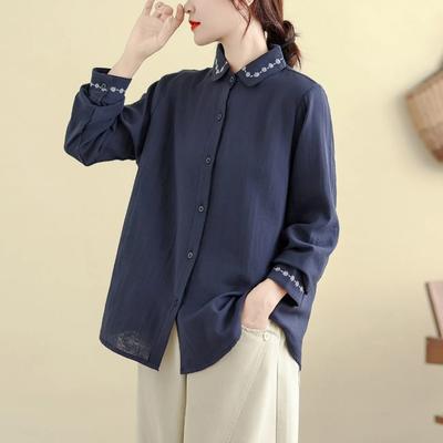 Button Lapel Cardigan Embroidered Long-sleeved Shirt for Women Autumn and Winter Literary and Versatile Loose Casual Top