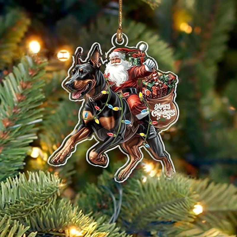 2026 Santa Claus And His Funny Dog Ornament 2D Flat Acrylic Pendant Christmas Decoration For Home Xmas Tree  Year Kerst