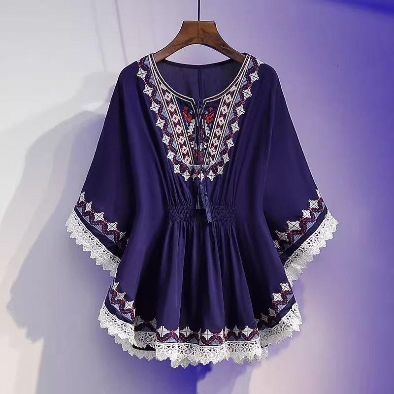 2026 Summer Ethnic Style Plus Size Lace Shirt for Women – Loose, Slimming Top for Curvy Figures