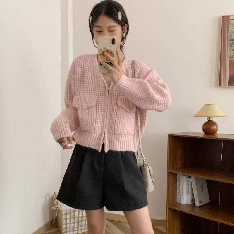 Short Waffle Double Zipper Knitted Cardigan Women's Autumn and Winter New Loose Versatile Sweater Jacket Tide