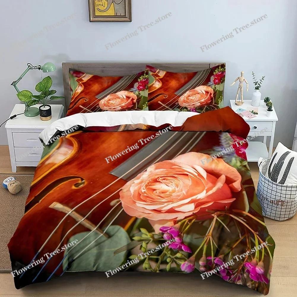 Music Bedding Set Rose Violin Printed Duvet Cover Set Twin King Queen Comforter Covers With Pillowcase Quilt Cover Home Textile