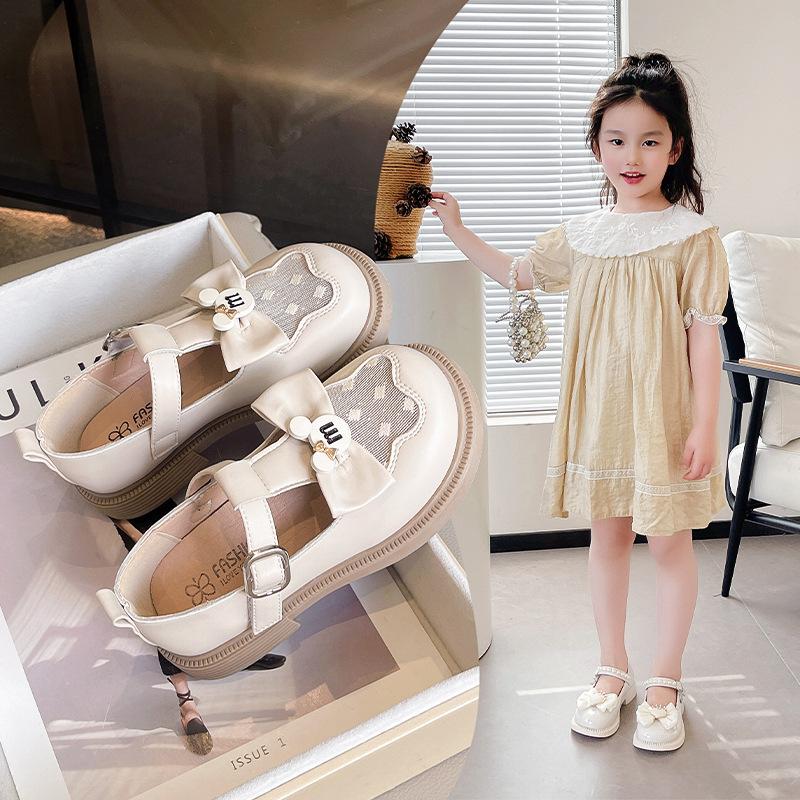 Mesh breathable girls' leather shoes 2025 spring and autumn new bow girls princess shoes children's soft-soled single shoes performance shoes