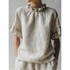 Summer French Retro Linen Cotton Short Sleeve Top, Round Neck Ruched Ruffle Blouse for Women, European American Vintage Casual Top