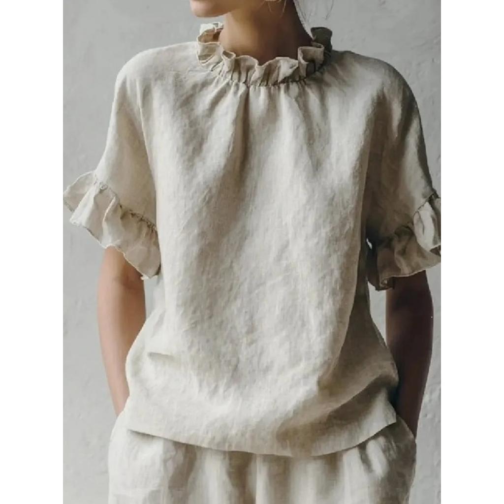 Summer French Retro Linen Cotton Short Sleeve Top, Round Neck Ruched Ruffle Blouse for Women, European American Vintage Casual Top
