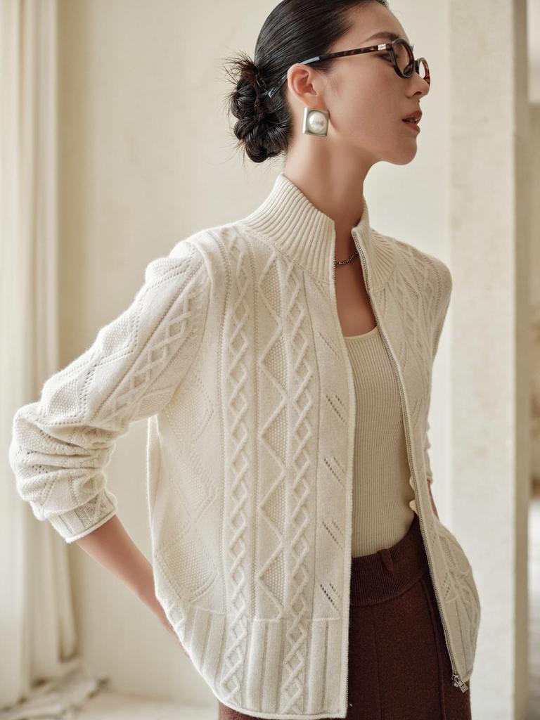 Women's 100% Cashmere Cable-Knit Cardigan Coat – Long Sleeve, Half High Neck, Zip Closure, Loose Fit