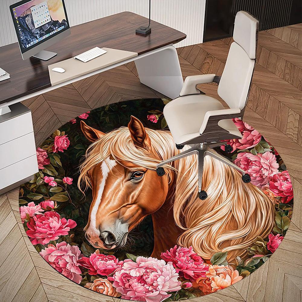 1 Stück Pferd Blumen Büro Runder Teppich, Unter Bürostühlen Schlafzimmer Wohnzimmer Heimdekoration, Teppich für Büro -1110119