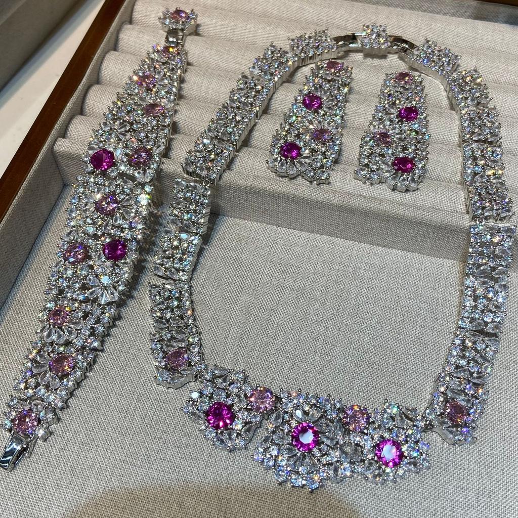 New Jewelry Set Full Of Zirconium Heavy Industry Exaggerated Fashion Banquet High-End Colored Treasure Necklace Earrings