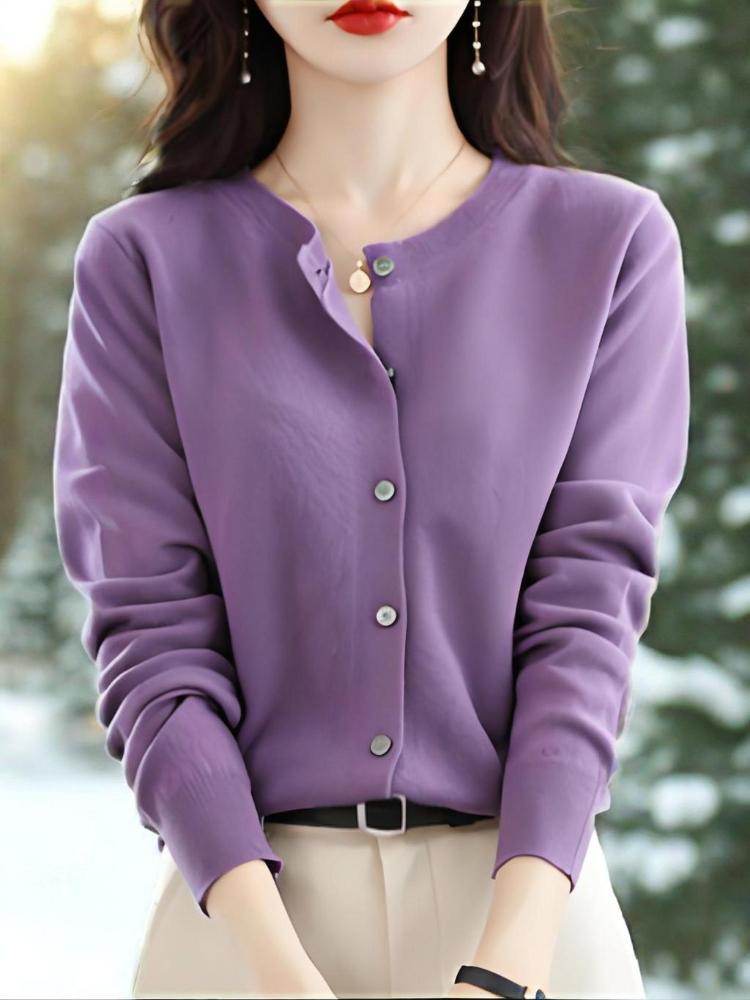 Knitted cardigan, round neck sweater, women's long-sleeved solid color all-match jacket, women's clothing