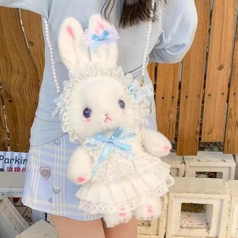 New Lolita Kawaii Drooping Ear Rabbit Doll Bag Bow Cute Plush Bag Pearl Original Crossbody Backpack Girlfriend Gift