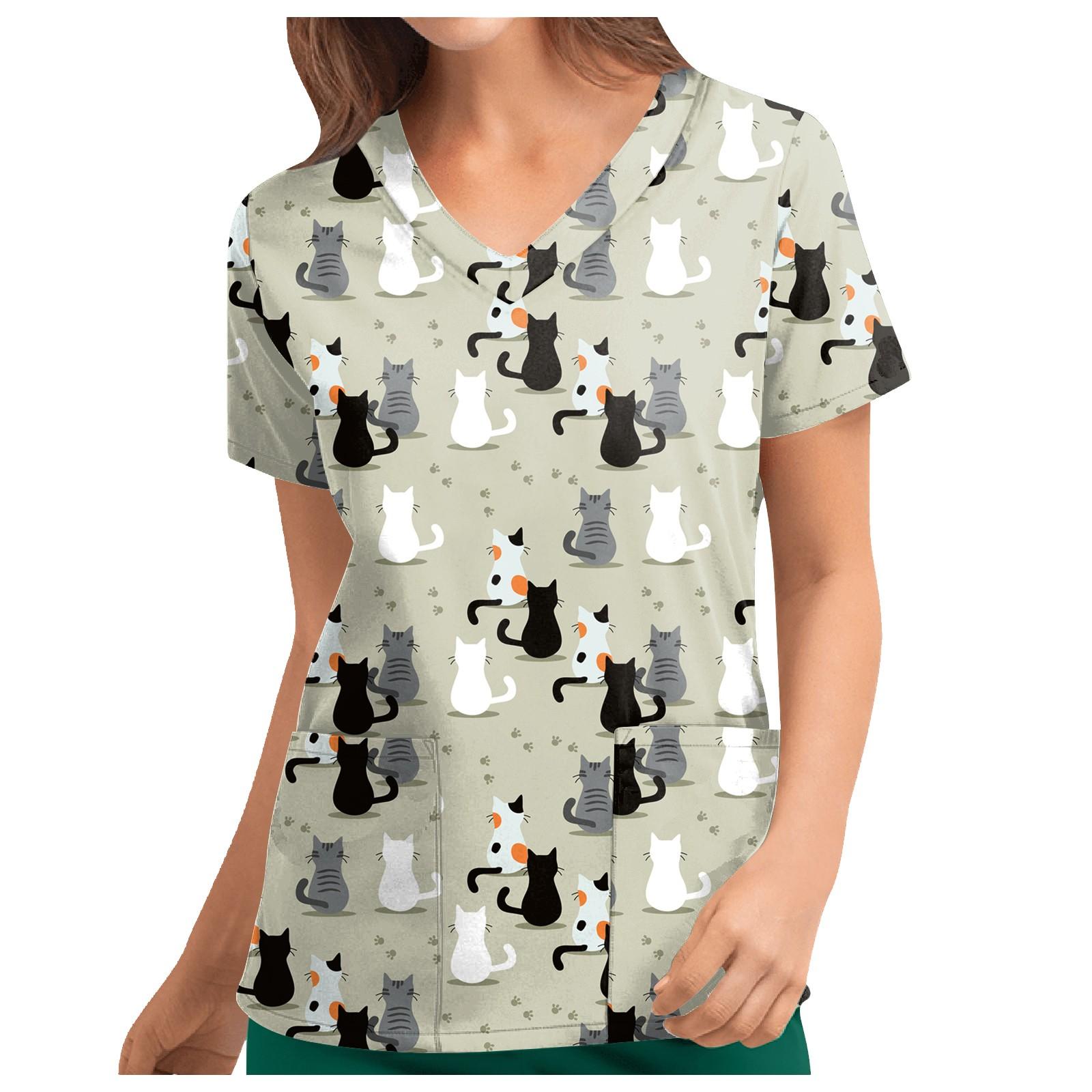 

Женские футболки с персонализированным милым принтом, топ с v-образным вырезом и короткими рукавами, рабочая форма, топы с карманами L