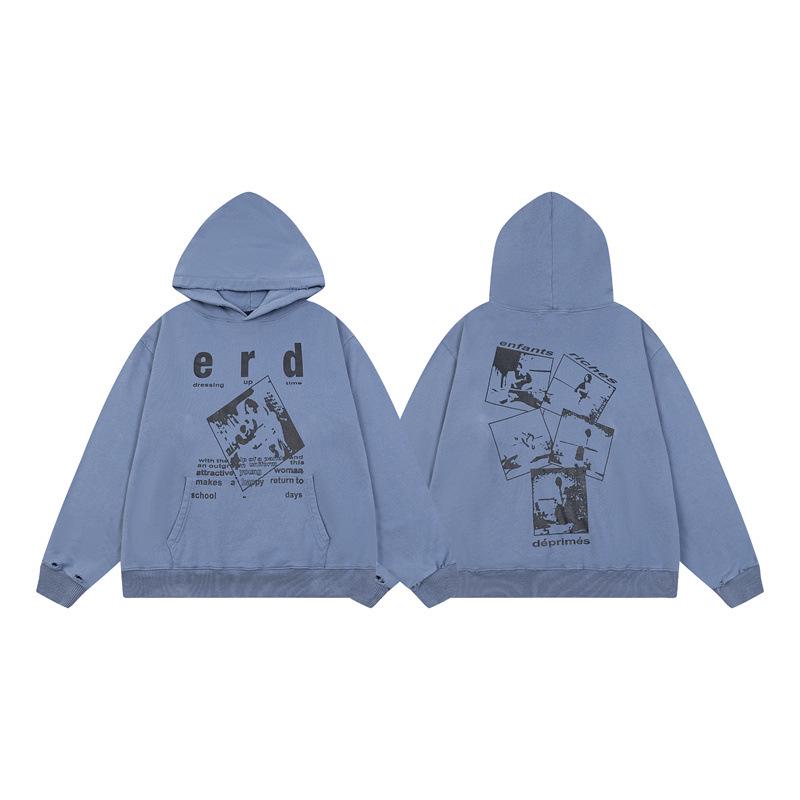ERD Melancholy Rich Hoodie: European-American Streetwear, Loose Fit, Zipper, Short Sleeve