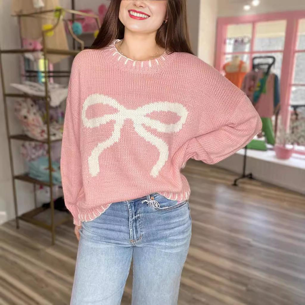 Women's Bow Jacquard Sweater Autumn/Winter Lazy Style Loose Warm Comfortable Hooded Knitted Sweater 3617