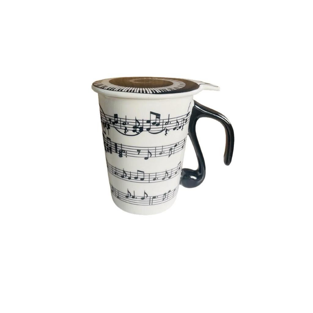 Irregular Shaped Ceramic Mug with Musical Notes and Lid - Gift or Advertising Cup