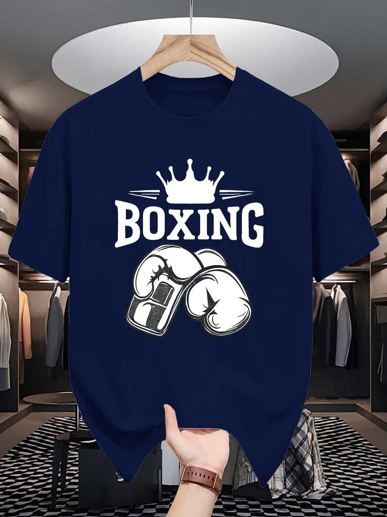 Unisex Crew Neck Short Sleeve Tee Boxing Crown Gloves Graphic Print Soft Cotton Loose Summer Casual Male Daily Streetwear Basic Top