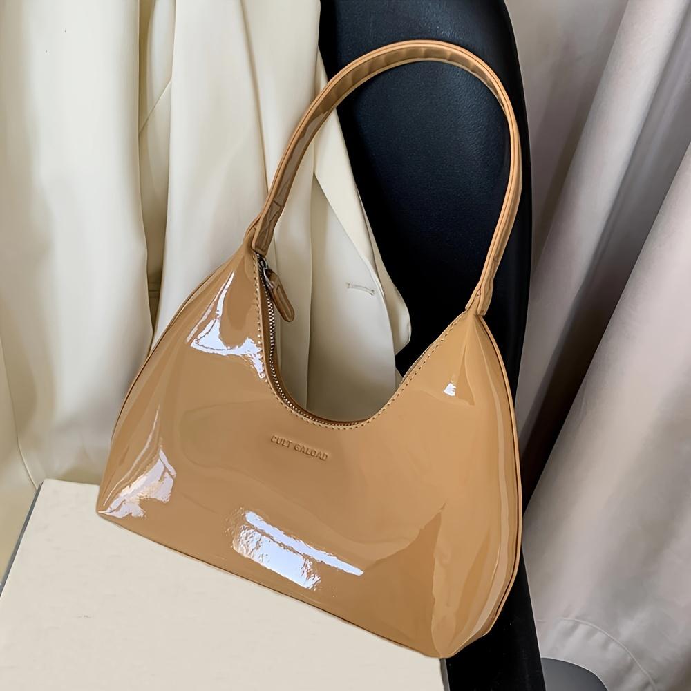 Solid Color Glossy Shoulder Bag Trendy PU Leather Hobo Bag Women'S Fashion Handbag & Tote Purse