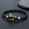 Gold Plated Stainless Steel Shackle Bracelet Men Women Simple Double Layer Braided Blue Leather Bracelets Handmade Gifts