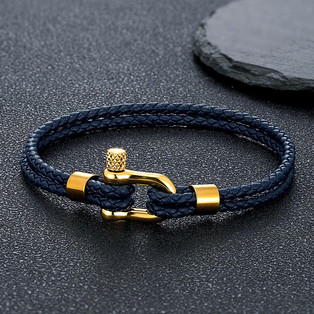 Gold Plated Stainless Steel Shackle Bracelet Men Women Simple Double Layer Braided Blue Leather Bracelets Handmade Gifts