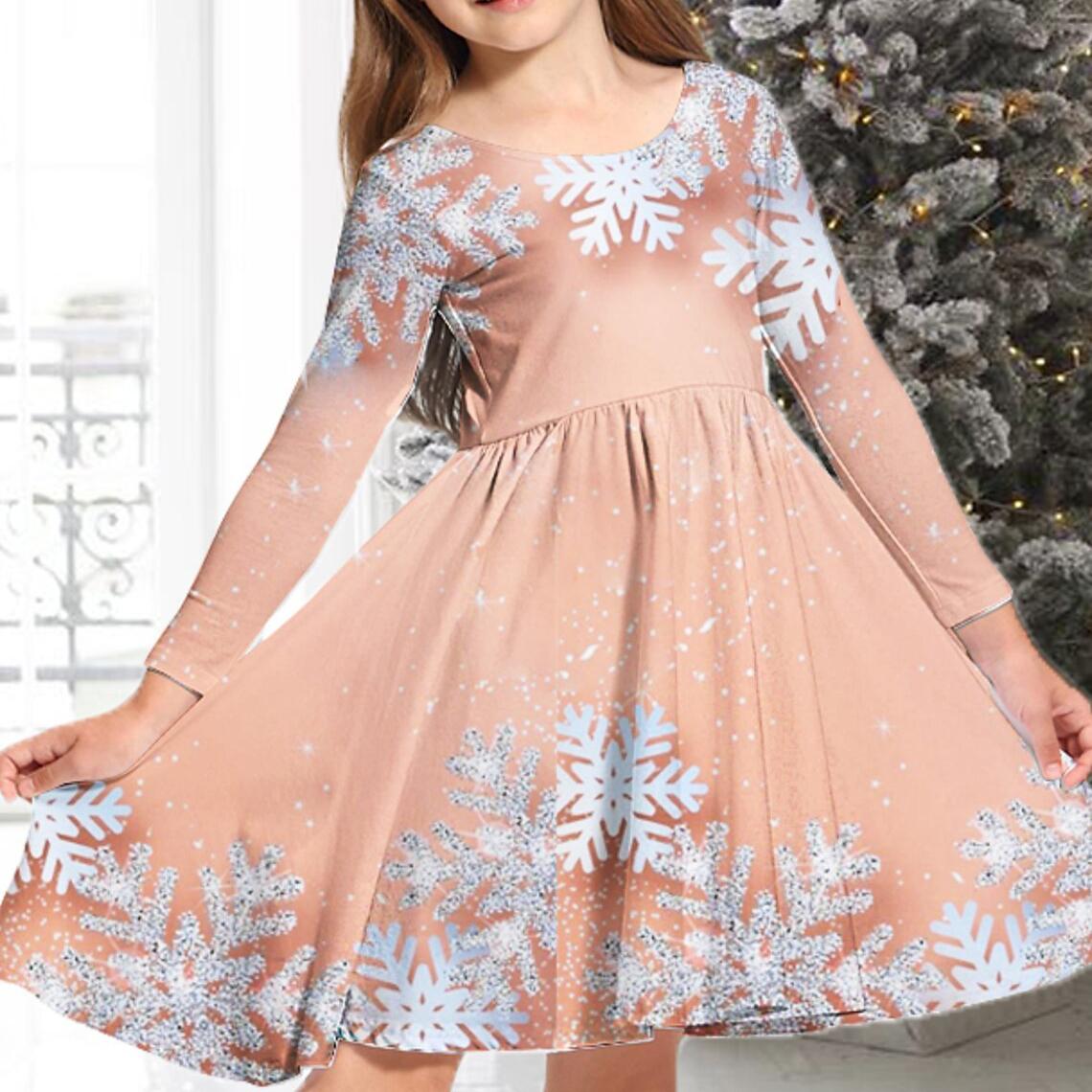 

Весеннее повседневное платье с 3D-красным цветочным принтом и снежинками для девочек, детское платье принцессы с круглым вырезом и длинными рукавами 120 розовый