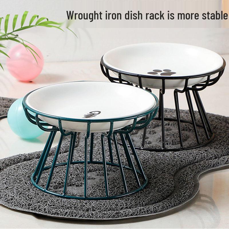 Nordischer Keramik-Katzennapf mit hohem Fuß und Eisenständer - Kippsicheres Design zum Schutz der Halswirbelsäule