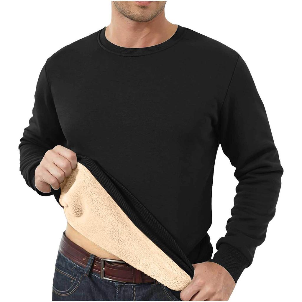 Men's Fleece-Lined Crew Neck Sweatshirt - Loose Fit, Solid Color, Warm Autumn/Winter Wear.