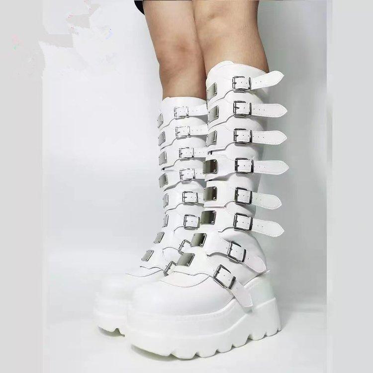Fashion Womens Knee High Boots Fashion Gothic Boots Metal Buckle Punk Boot Height Increasing Platform Boots Women Motorcycles Boot Botas